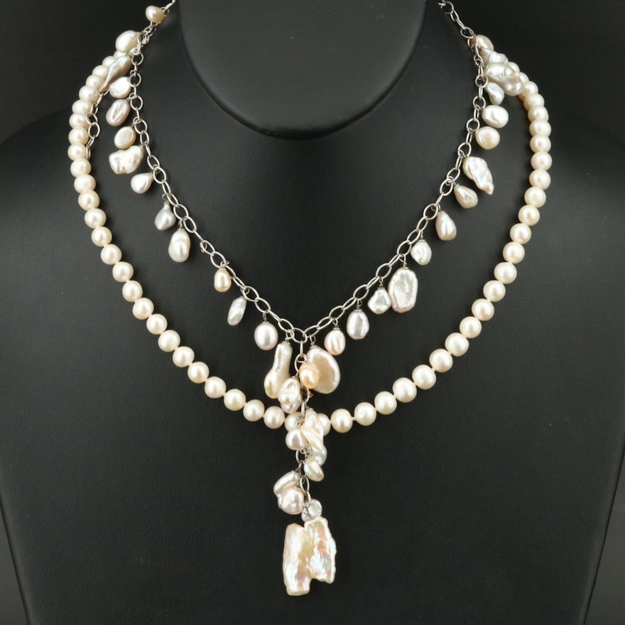 Pearl Fringe Necklace and Pearl Strand Necklace with Faux Pearl Accent