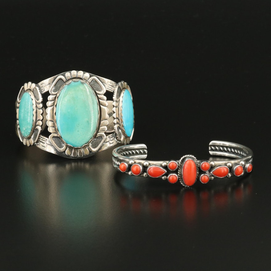 Darrel Cadman Navajo Diné Sterling Coral Cuff with Southwestern Turquoise Cuff