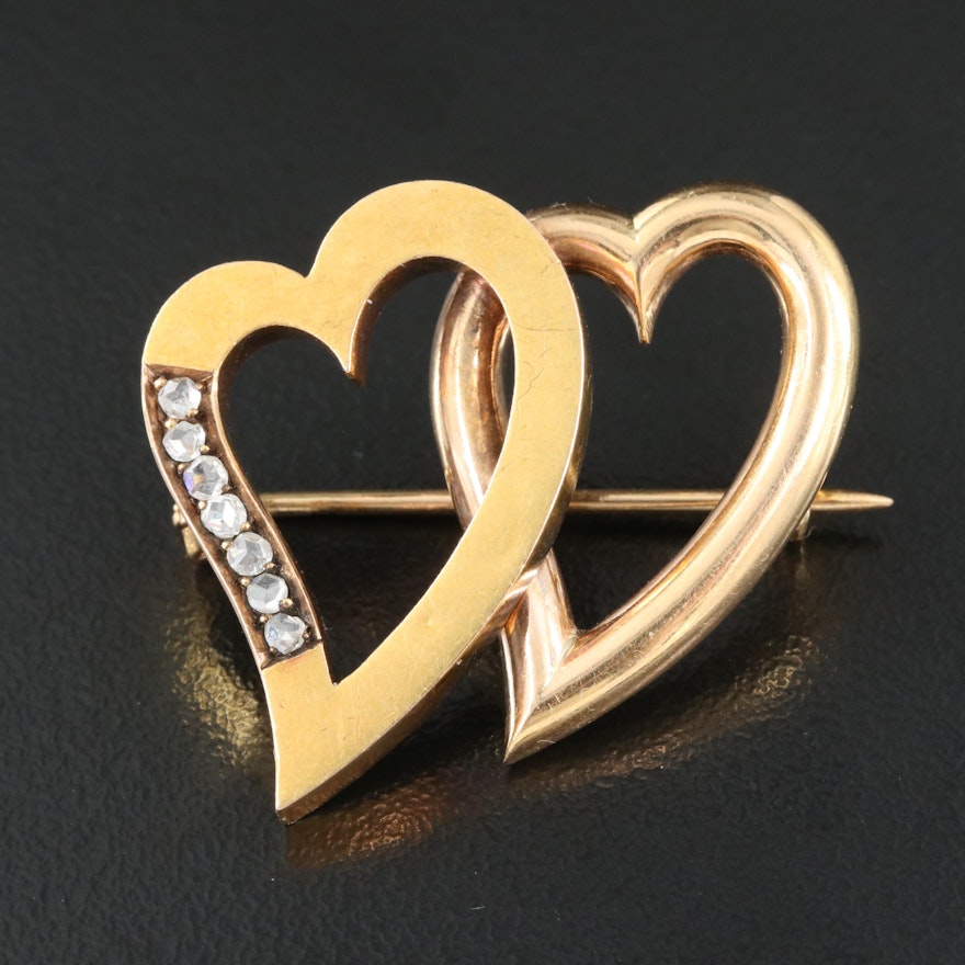 Victorian 18K 0.10 CTW Diamond Double Witch's Heart Brooch