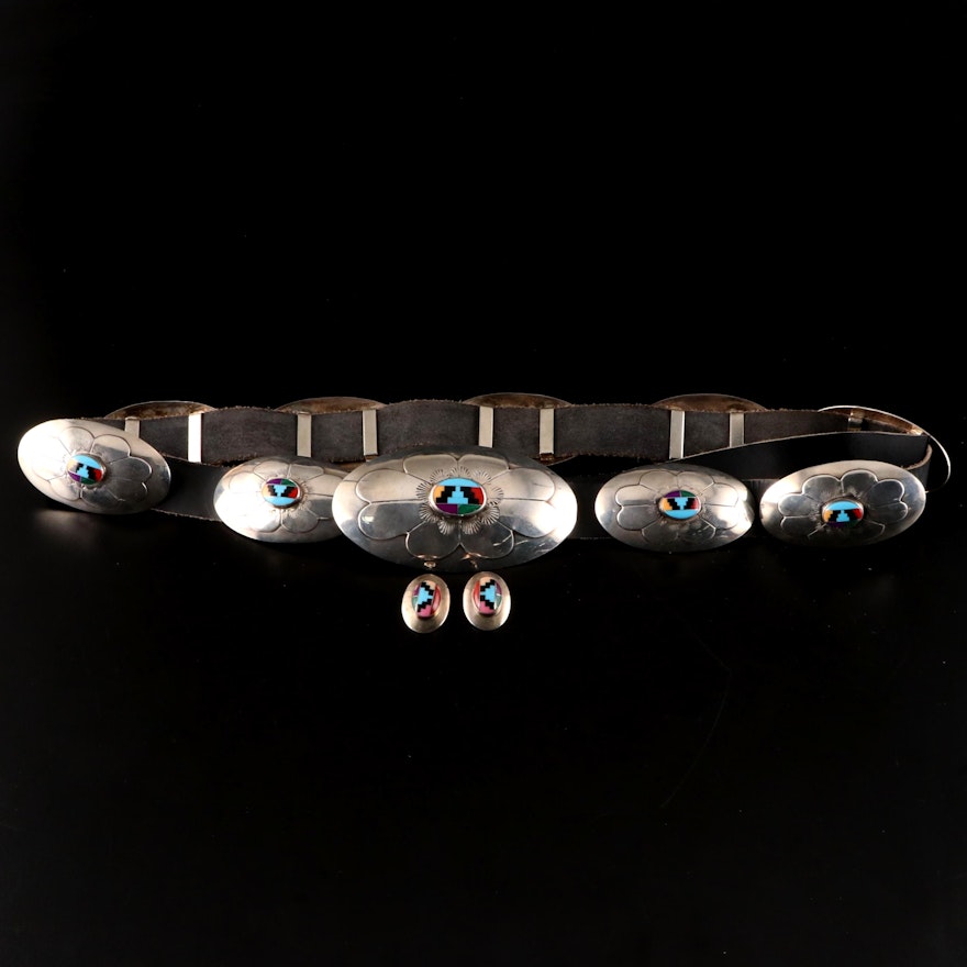 Ben J. Chavez Sterling Silver and Mosaic Inlay Concho Leather Belt with Earrings