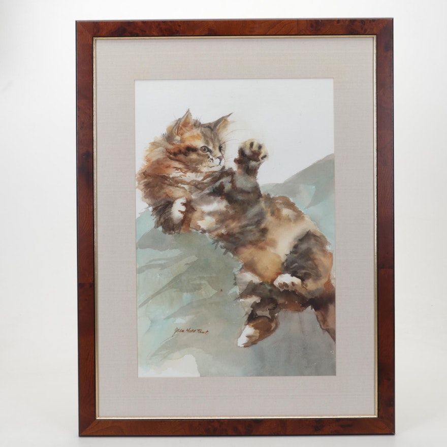 Jean Hall Tonk Cat Portrait Watercolor Painting, Late 20th Century