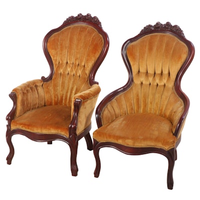 Kimball Furniture Victorian Style Carved and Velvet Upholstered Parlor Chairs