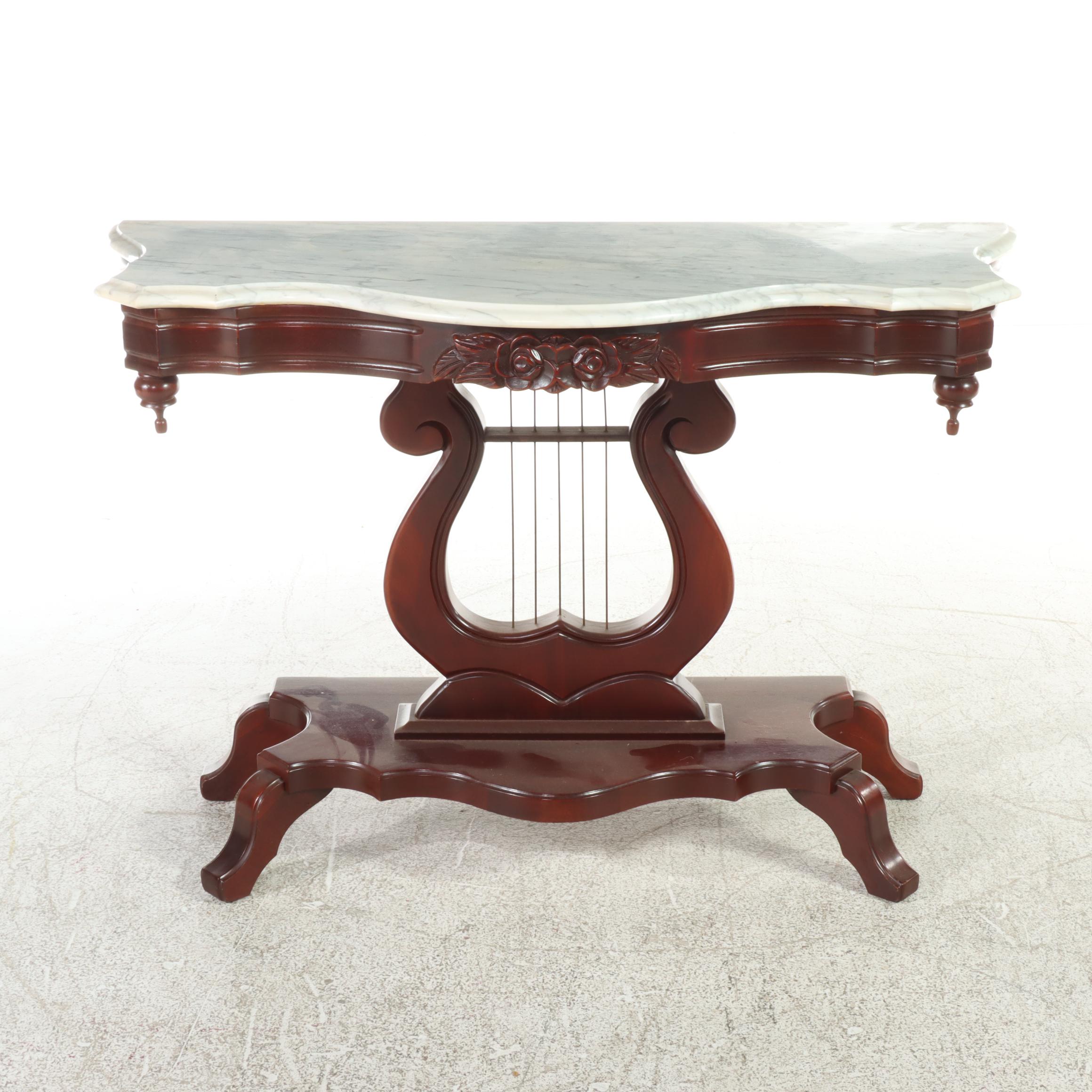 American Classical Style Mahogany, Marble Top, and LyreBase Console