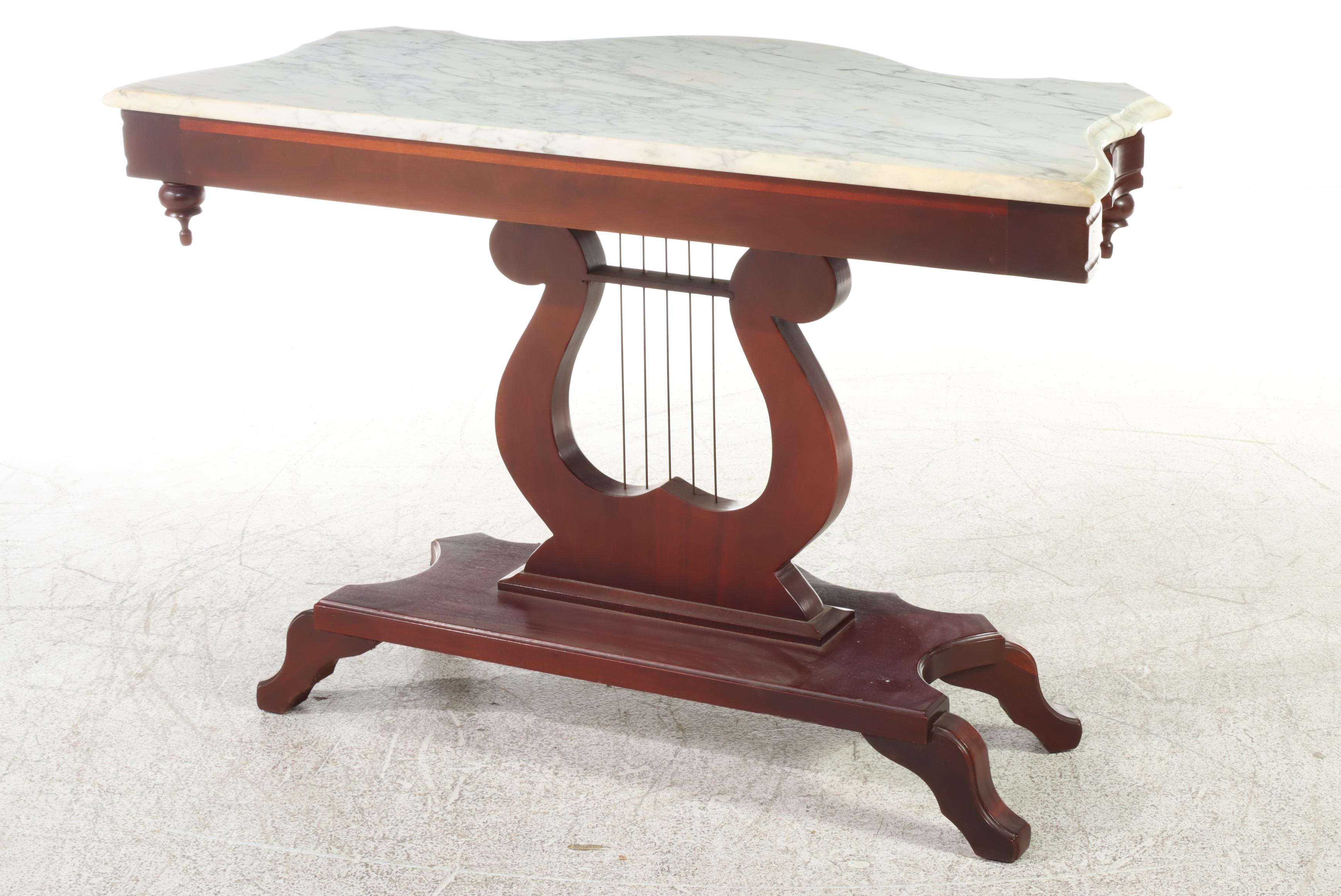 American Classical Style Mahogany, Marble Top, and LyreBase Console