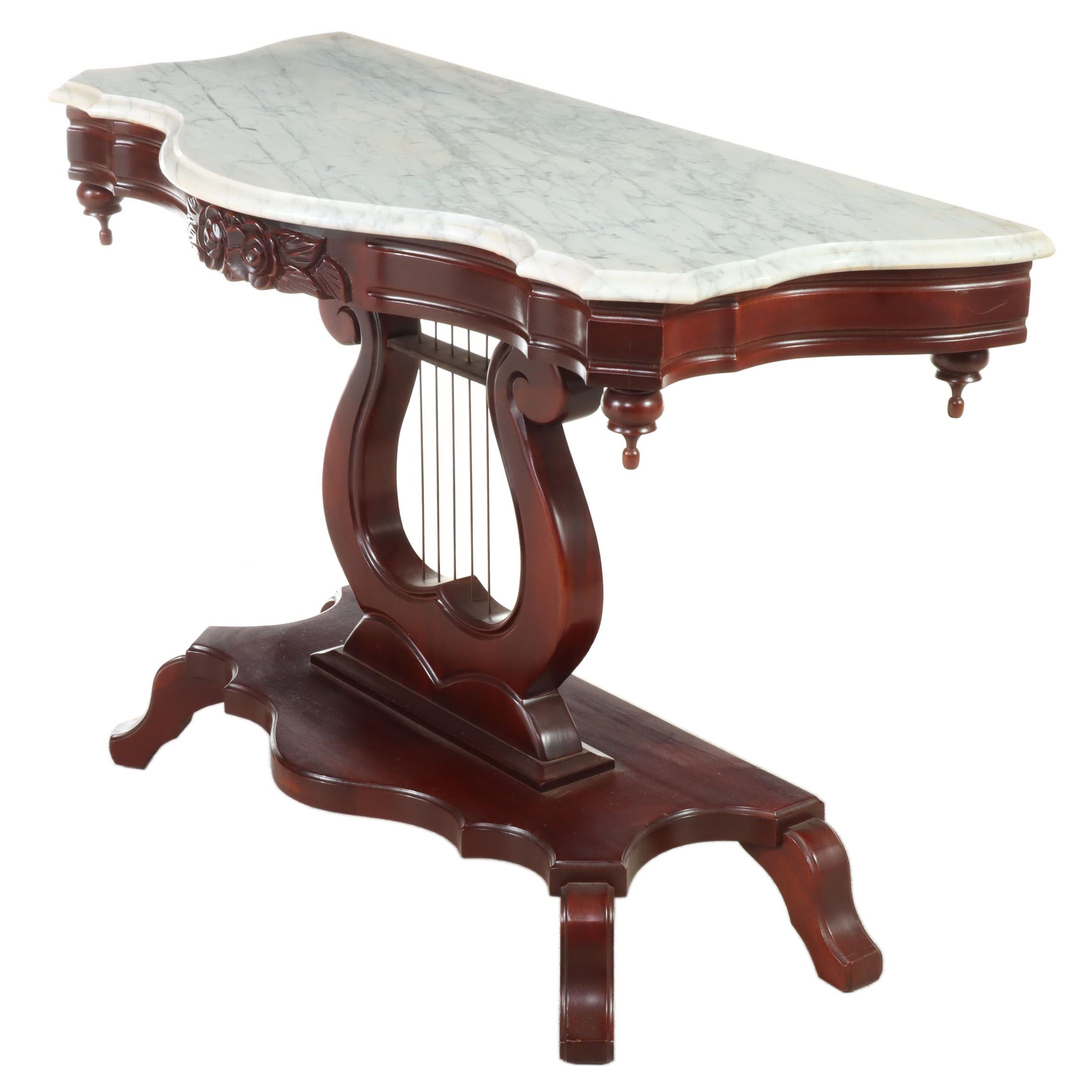 American Classical Style Mahogany, Marble Top, and LyreBase Console