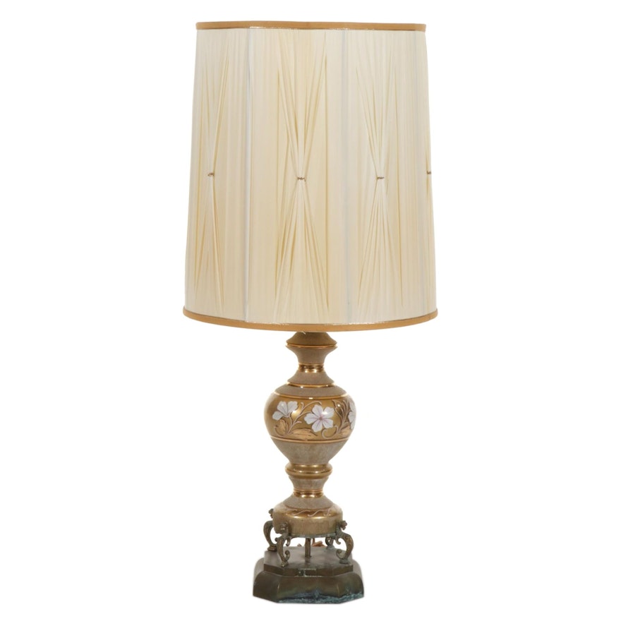 Hand-Painted Gilt Glass and Brass Table Lamp With Custom Shade