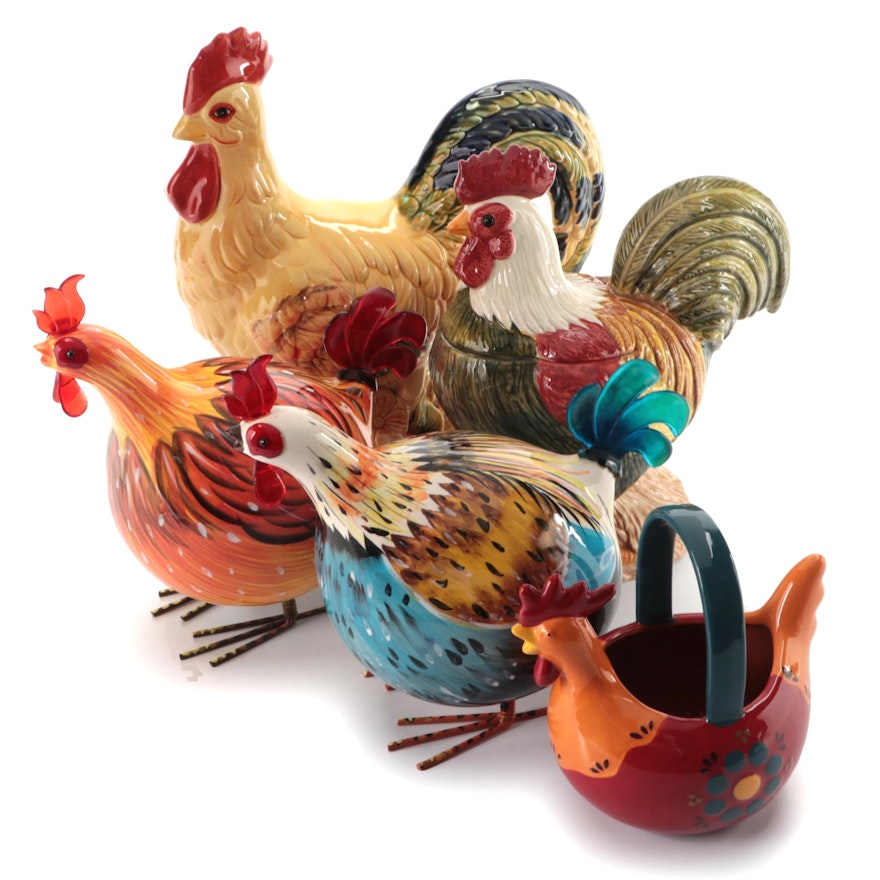 Hand-Painted Ceramic Rooster Jar, Basket and Figurines