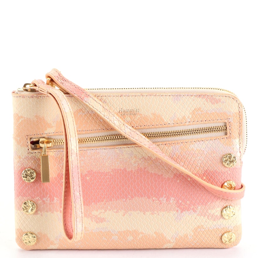 Hammitt Small Nash Wristlet Bag with Crossbody Strap in Pink Embossed Leather