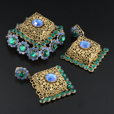 Hattie Carnegie Glass and Rhinestone Earrings and Brooch Set