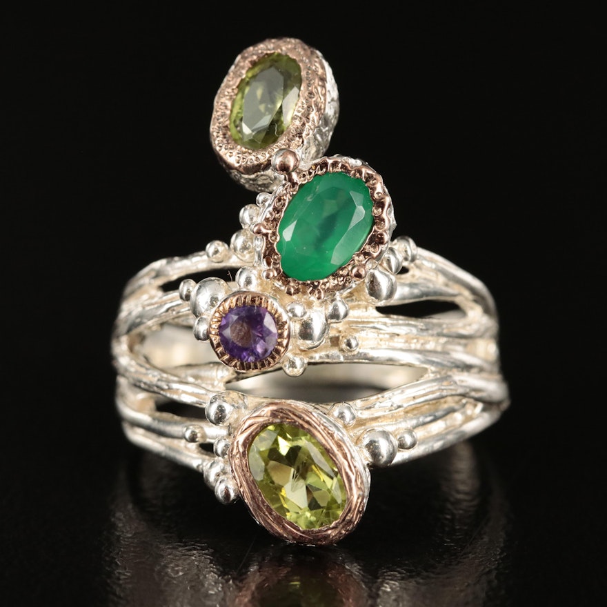 Sterling Peridot, Chalcedony and Amethyst Ring