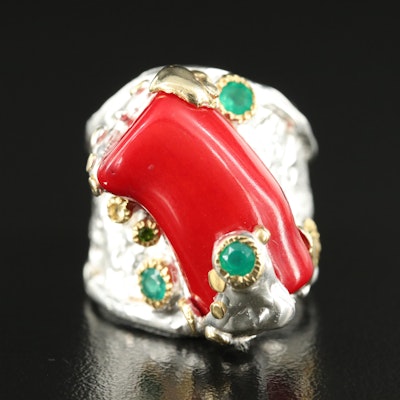 Sterling Coral and Chalcedony Ring