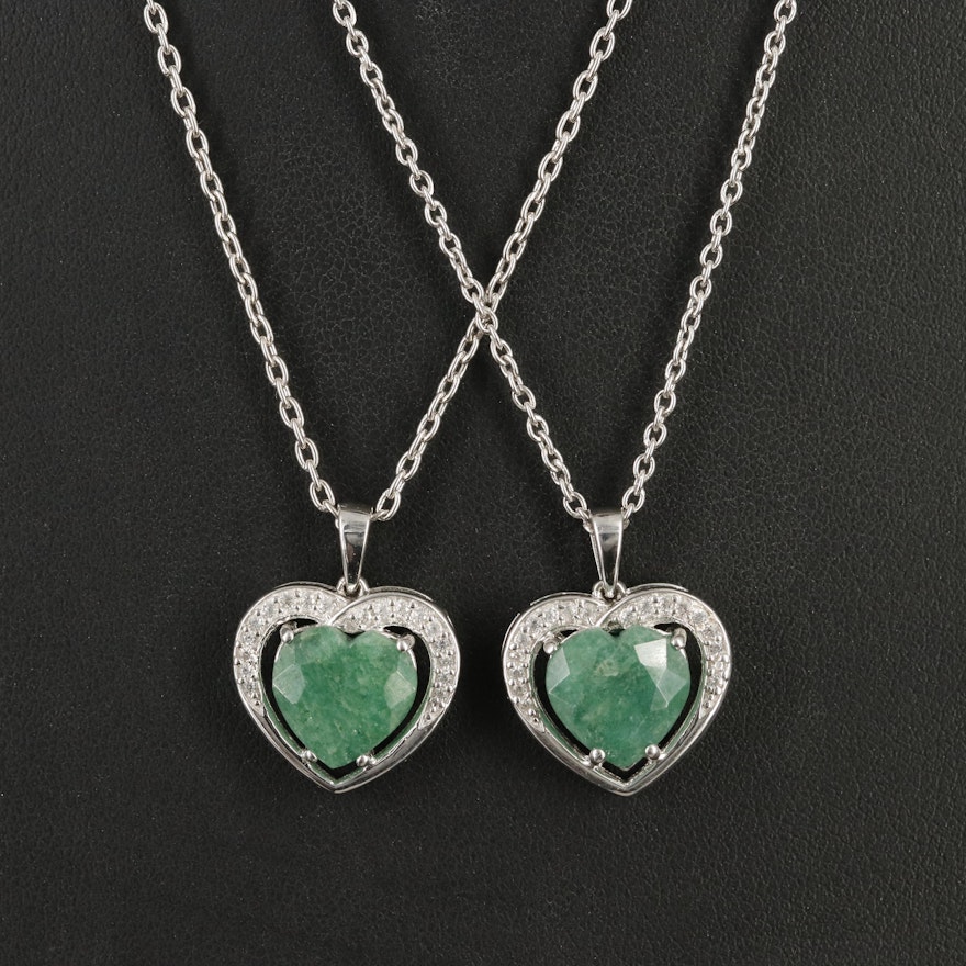 Sterling Emerald and White Topaz Heart Pendant Necklaces