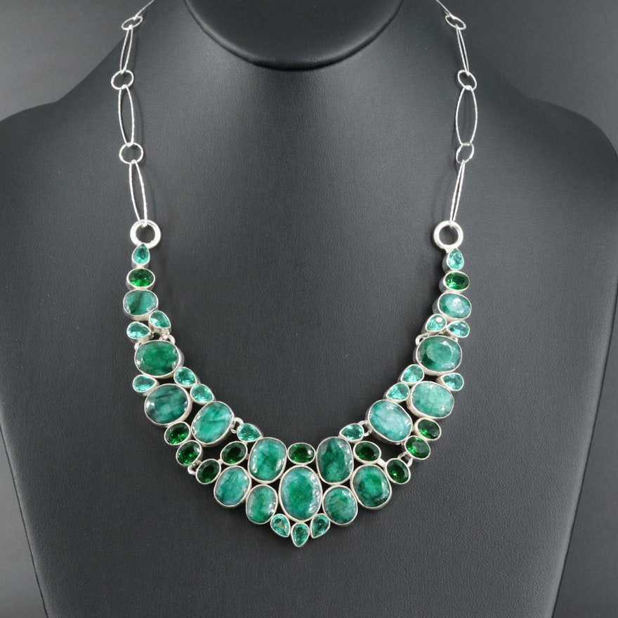 Beryl and Glass Collar with Sterling Chain