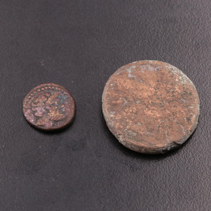 Two Ancient Bronze Coins Including Phoenician Bronze