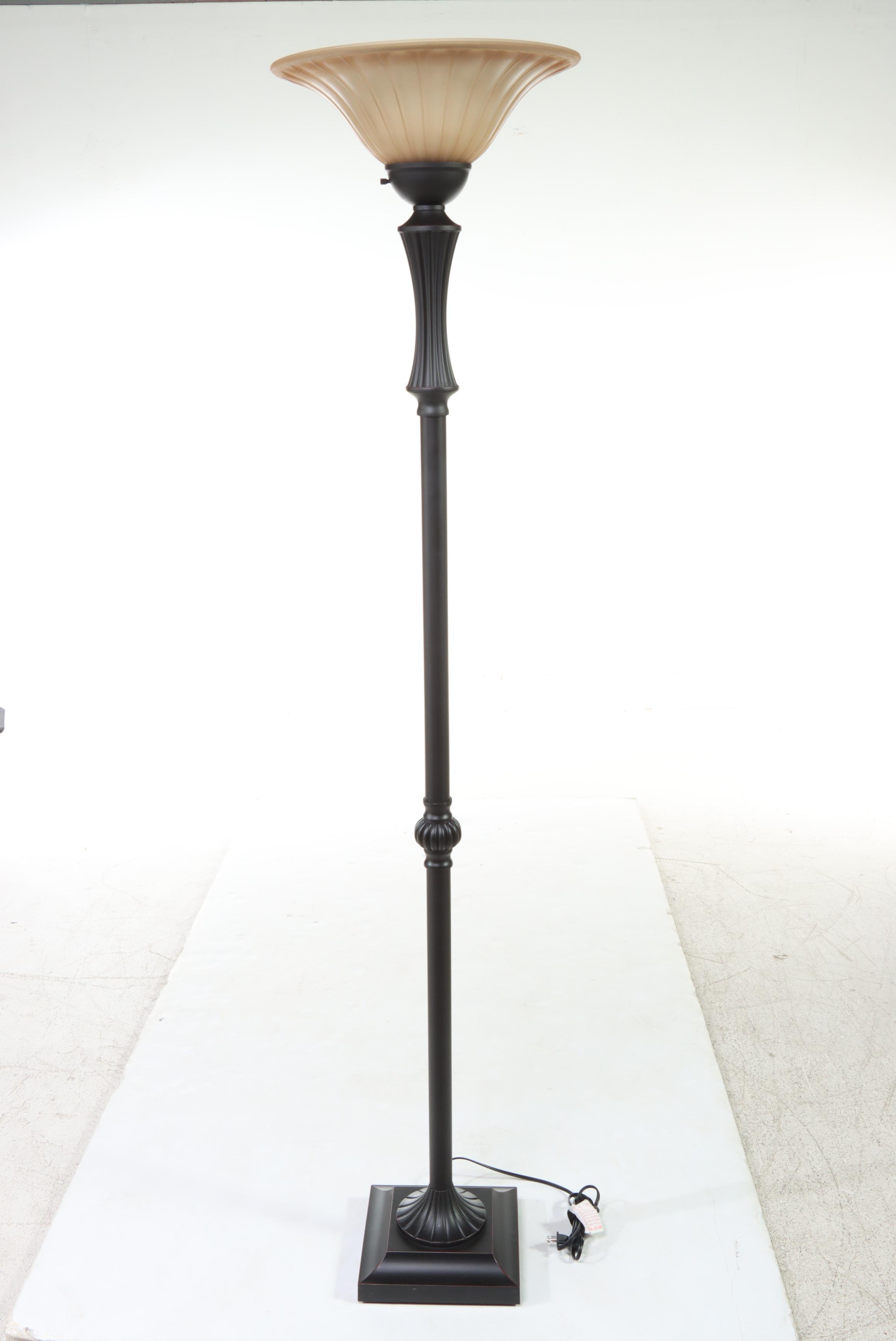 Neoclassical Style Torchiere Floor Lamp With Ribbed Glass Shade EBTH