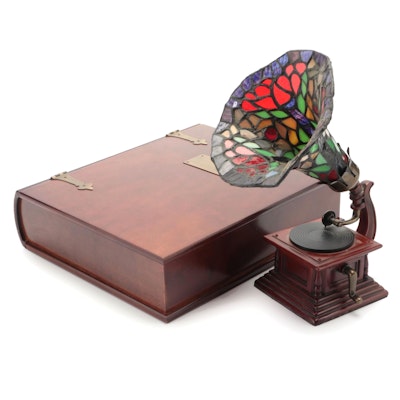 Gramophone Style Table Lamp with Slag Glass Shade with Wood Book-Form Box