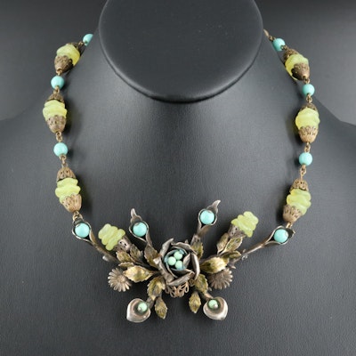 1930s Scalloped Uranium Glass and Faux Turquoise Foliate Necklace