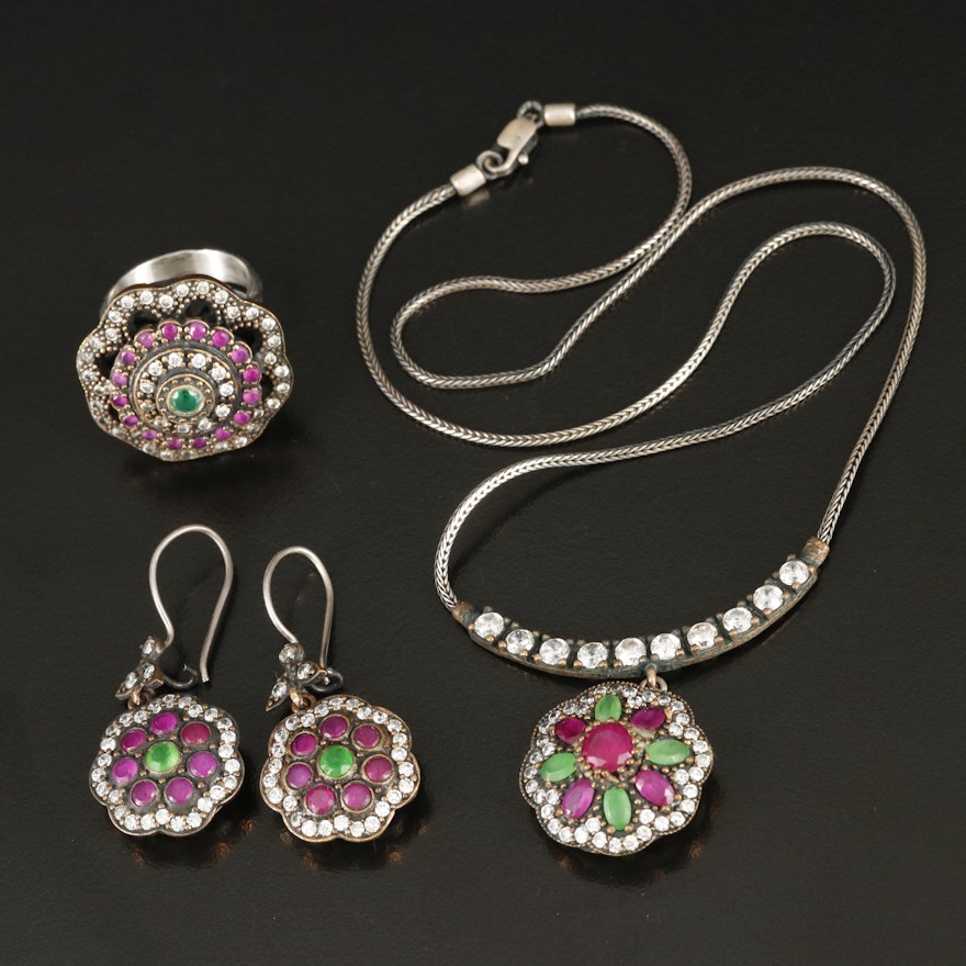 Sterling Cubic Zirconia and Glass Necklace, Earrings and Ring Set