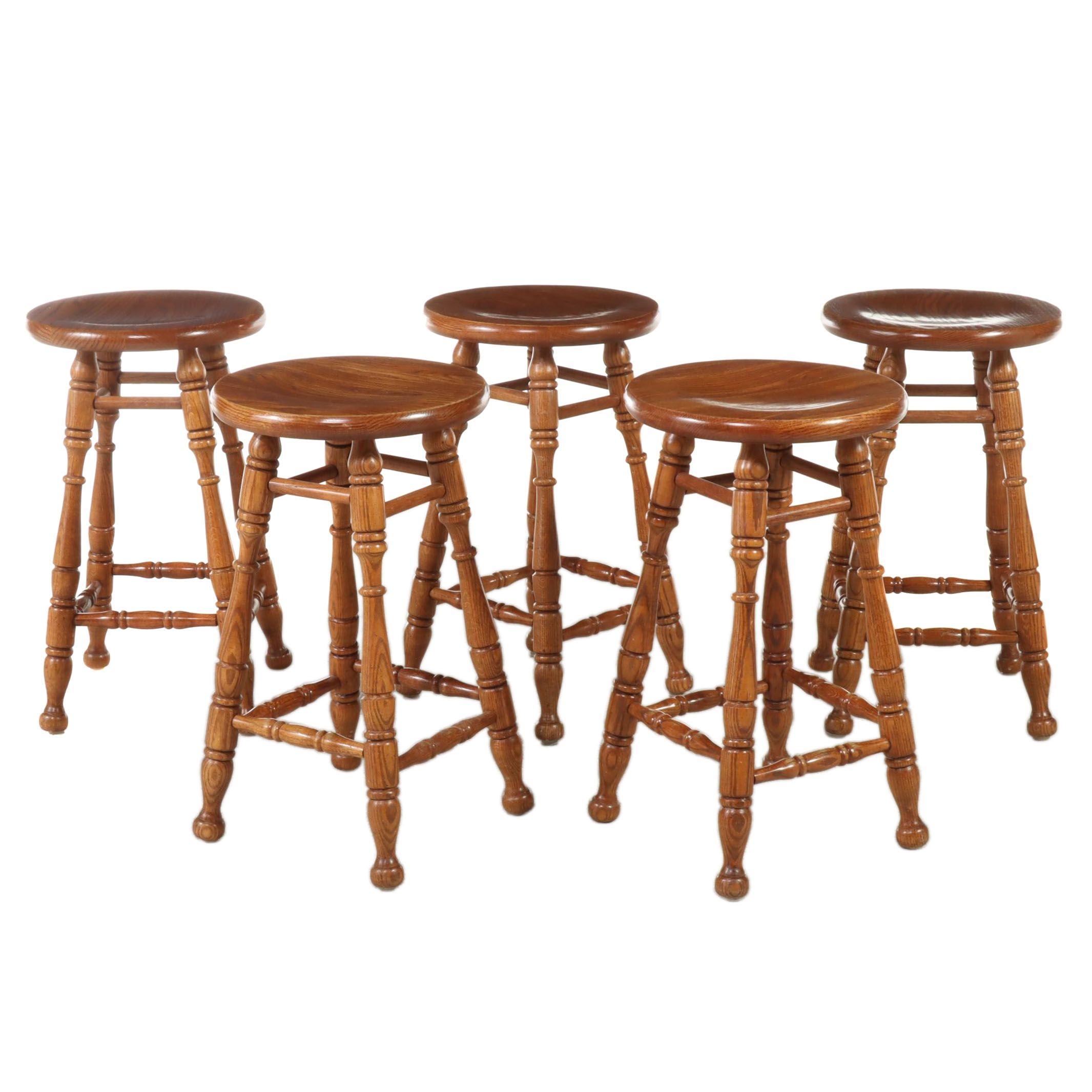 Five Tell City Chair Co. Colonial Style Oak Counter Stools, Late 20th