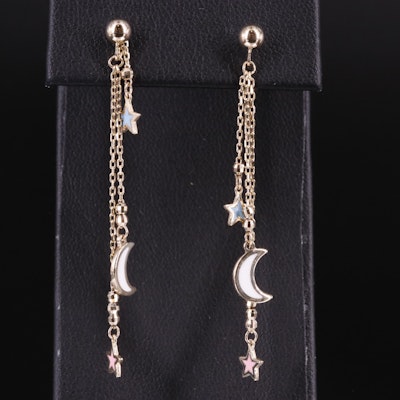 14K Crescent Moon and Stars Drop Earrings