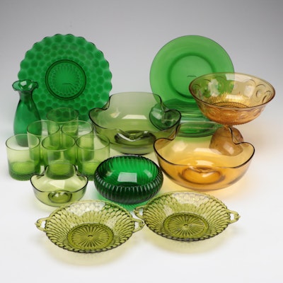 Green and Topaz Glass Tableware, Mid to Late 20th Century