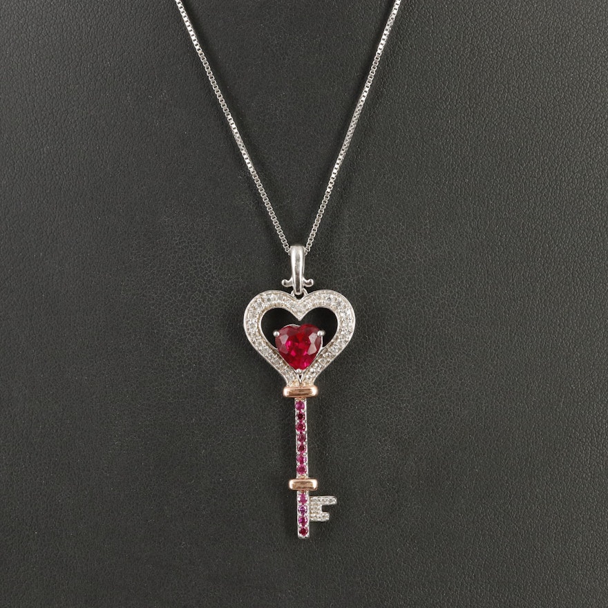 Sterling Ruby and White Sapphire Heart Key Necklace with 10K Rose Gold Accent