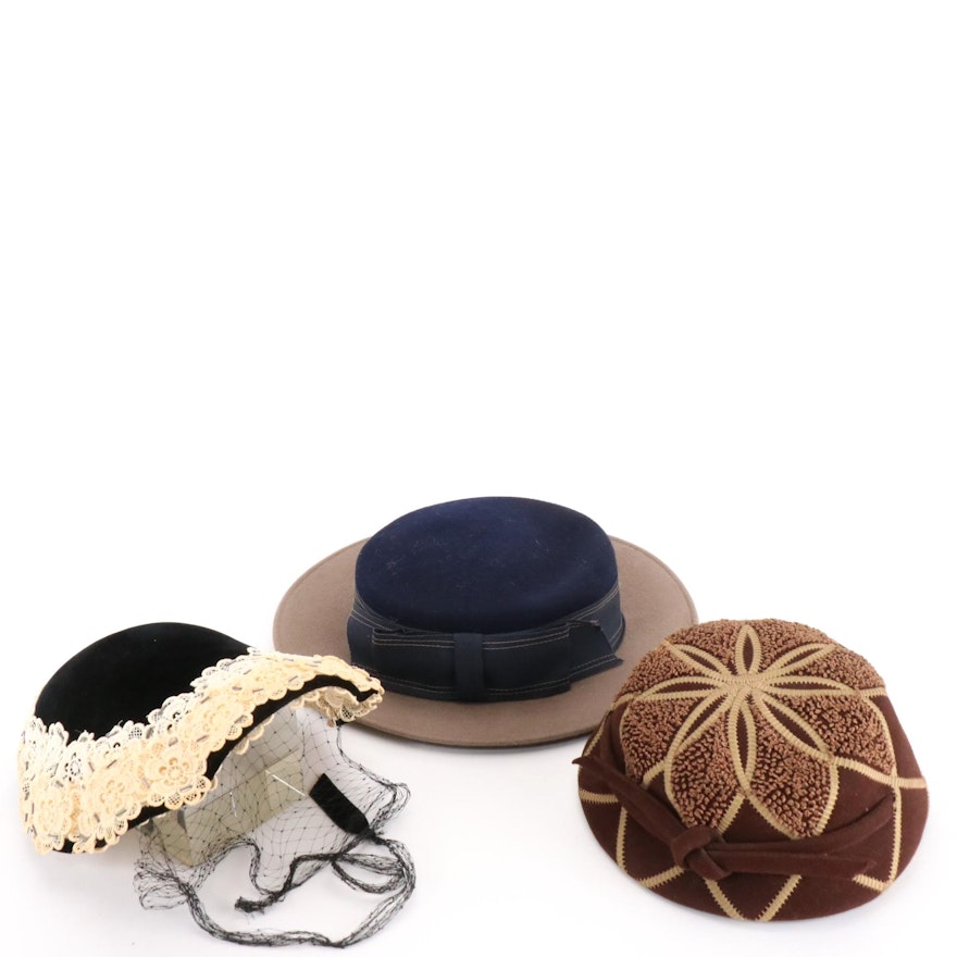 Oppenheim Collins, Chapeaux and Other Lace Trim, Embroidered and Felt Hats