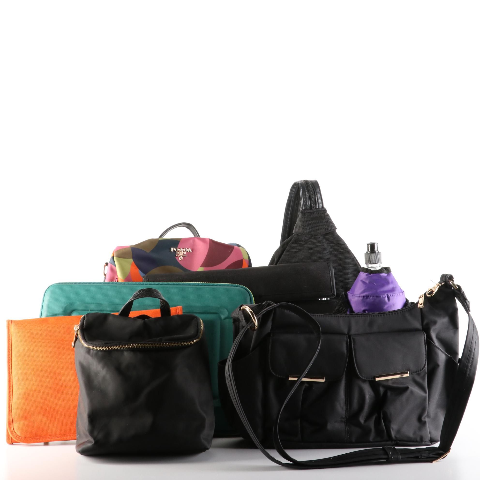 Samsonite Sling Bag, PreZerve Travel Organizer, Poaba Backpack, and