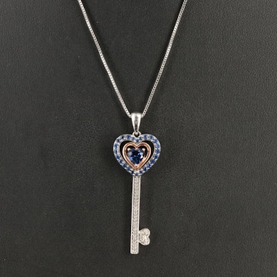 Sterling Sapphire Heart Key Necklace with 10K Rose Gold Accent