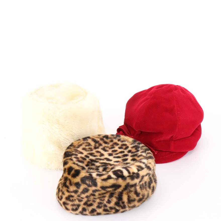 Cheetah Print and White Faux Fur Hats with Red Bow Cap and Vintage Hat Box