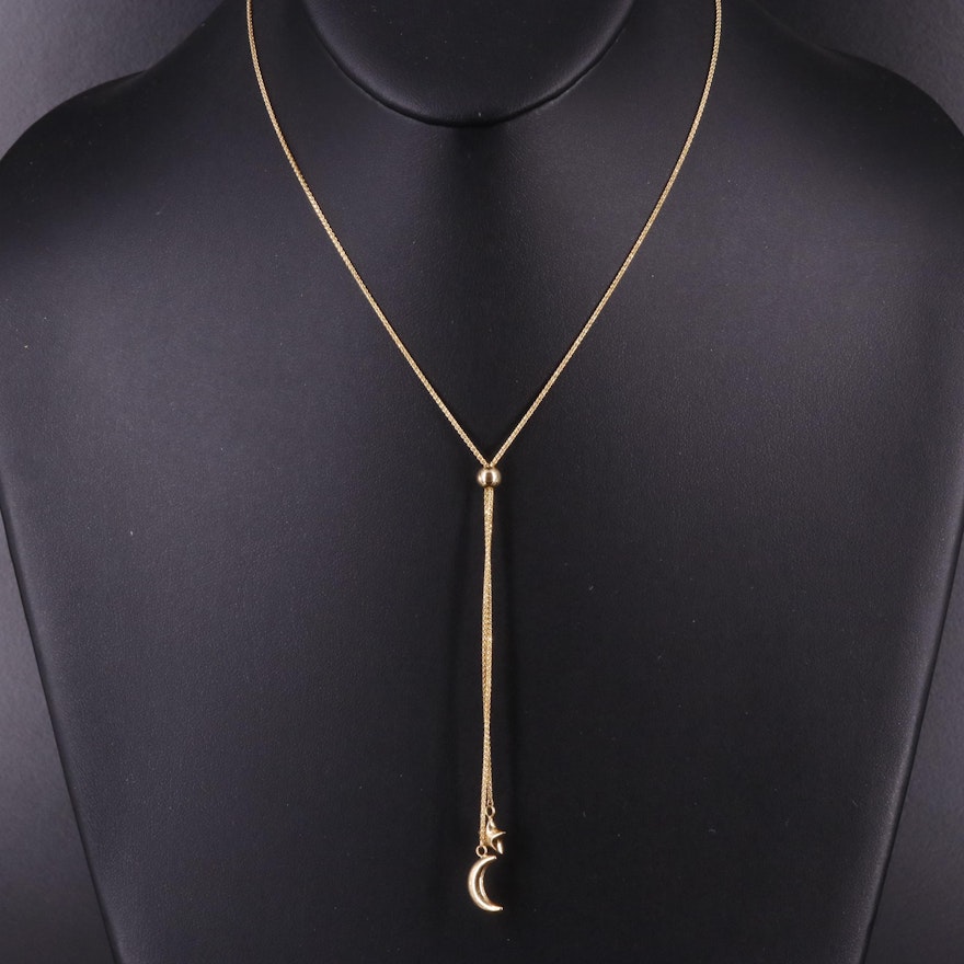 14K Wheat Chain Star and Crescent Moon Necklace