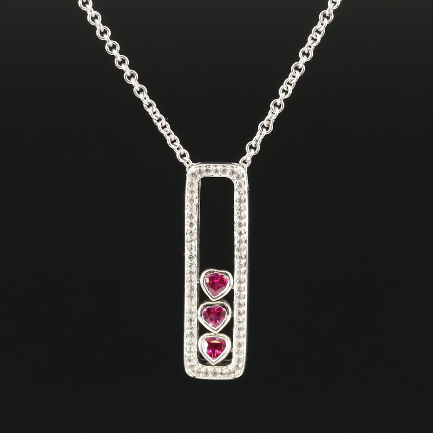 Sterling Ruby and Sapphire Heart Bar Pendant Necklace