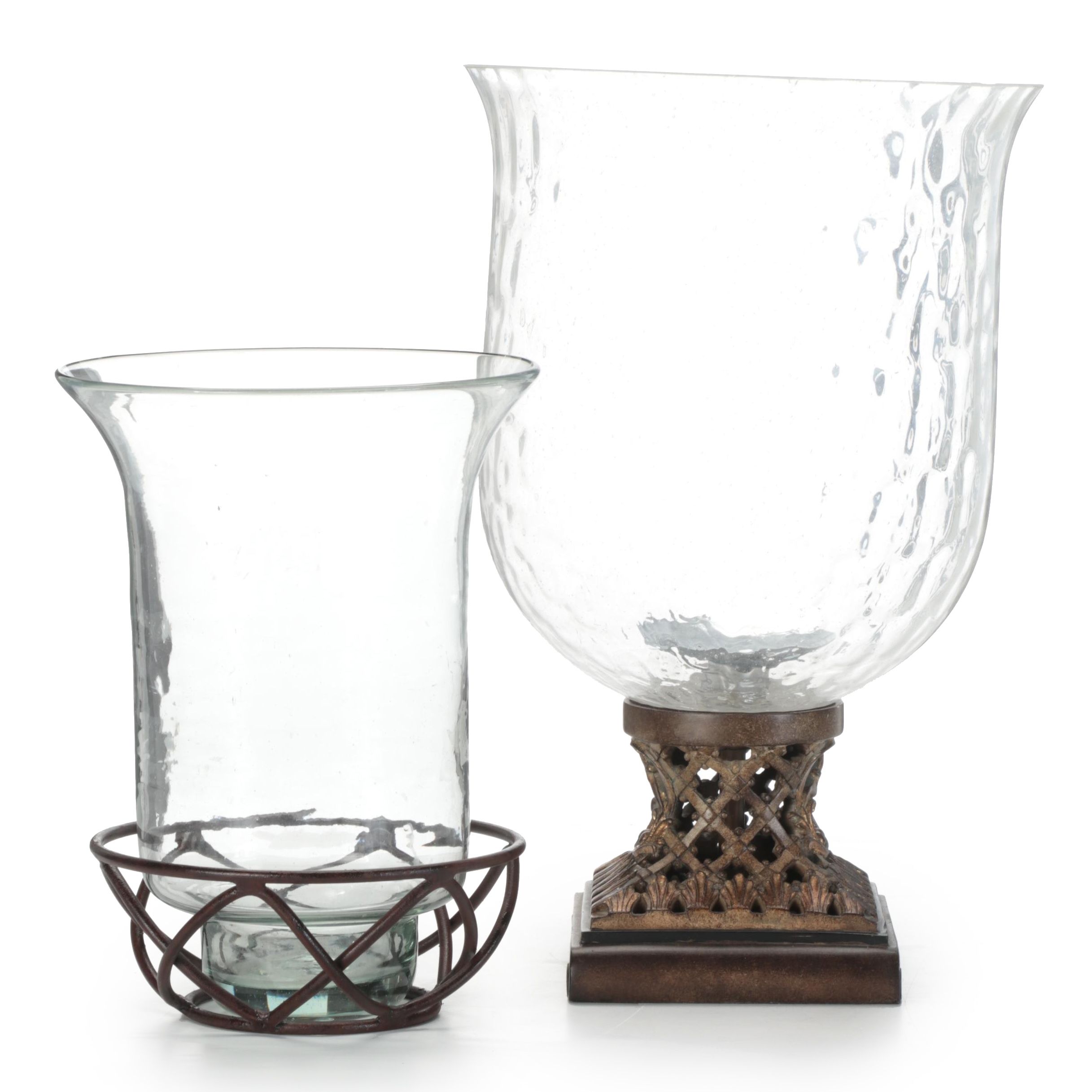 Patinated Composite and Metal Candle Holders with Blown Glass Hurricanes EBTH