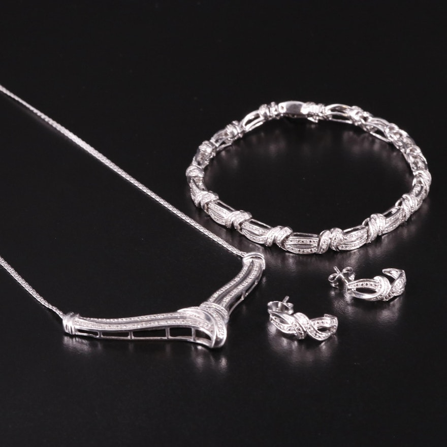 Sterling Diamond Bracelet, Earrings and Festoon Necklace Set