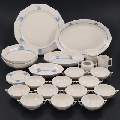 Rookwood Pottery Blue Ship Motif Porcelain Dinnerware and Serveware, 1920s