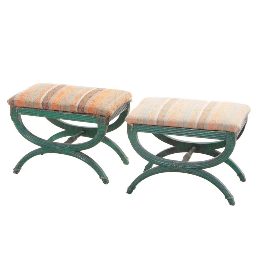 Pair of Louis XVI Style Green-Painted X-Form Stools