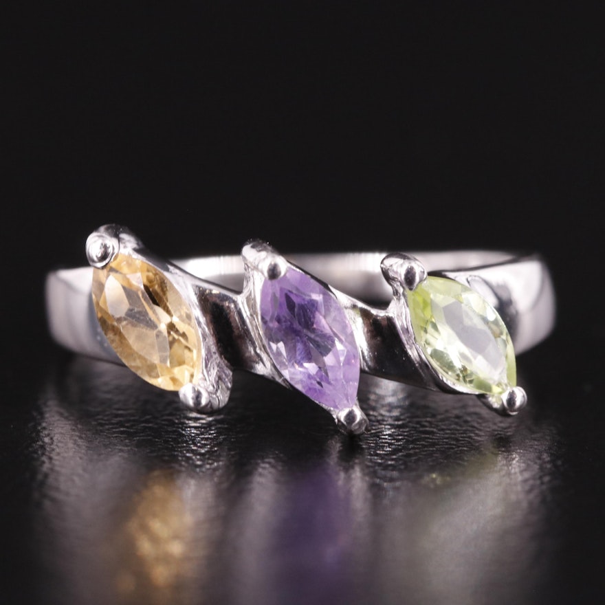 Sterling Citrine, Peridot, and Amethyst Ring