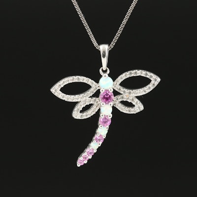 Sterling Opal and Sapphire Dragonfly Pendant Necklace