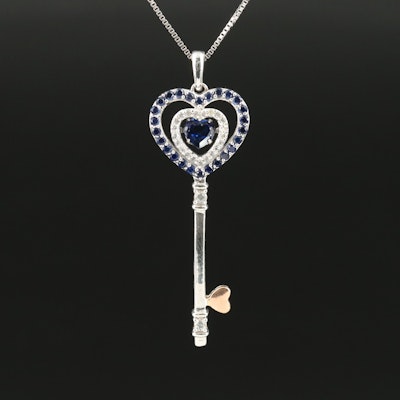 Sterling Sapphire Heart Key Pendant Necklace