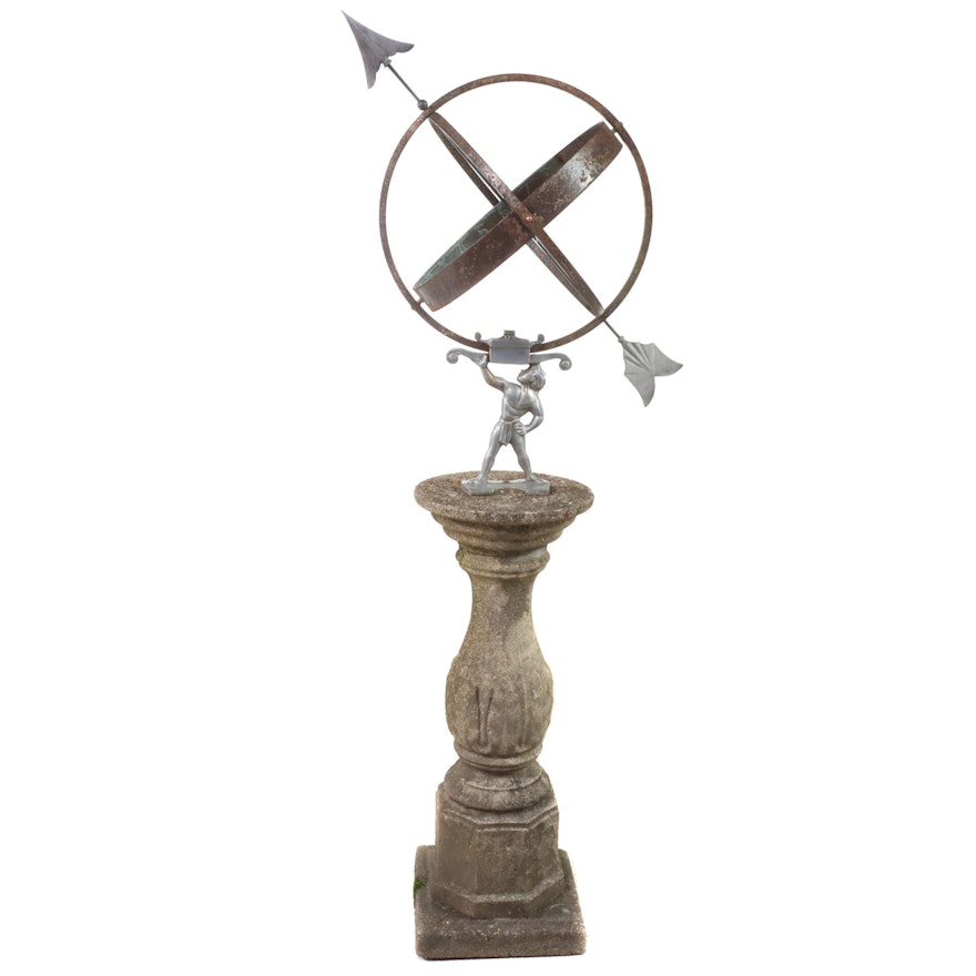 Neoclassical Style Metal Armillary Sphere on Concrete Plinth