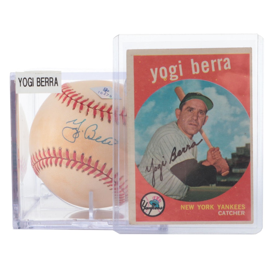 Yogi Berra Signed Rawlings American League Baseball with 1959 Topps Card