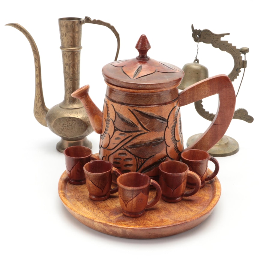 Folk Art Carved Pitcher and Mug Collection with Korean and Chinese Brasses
