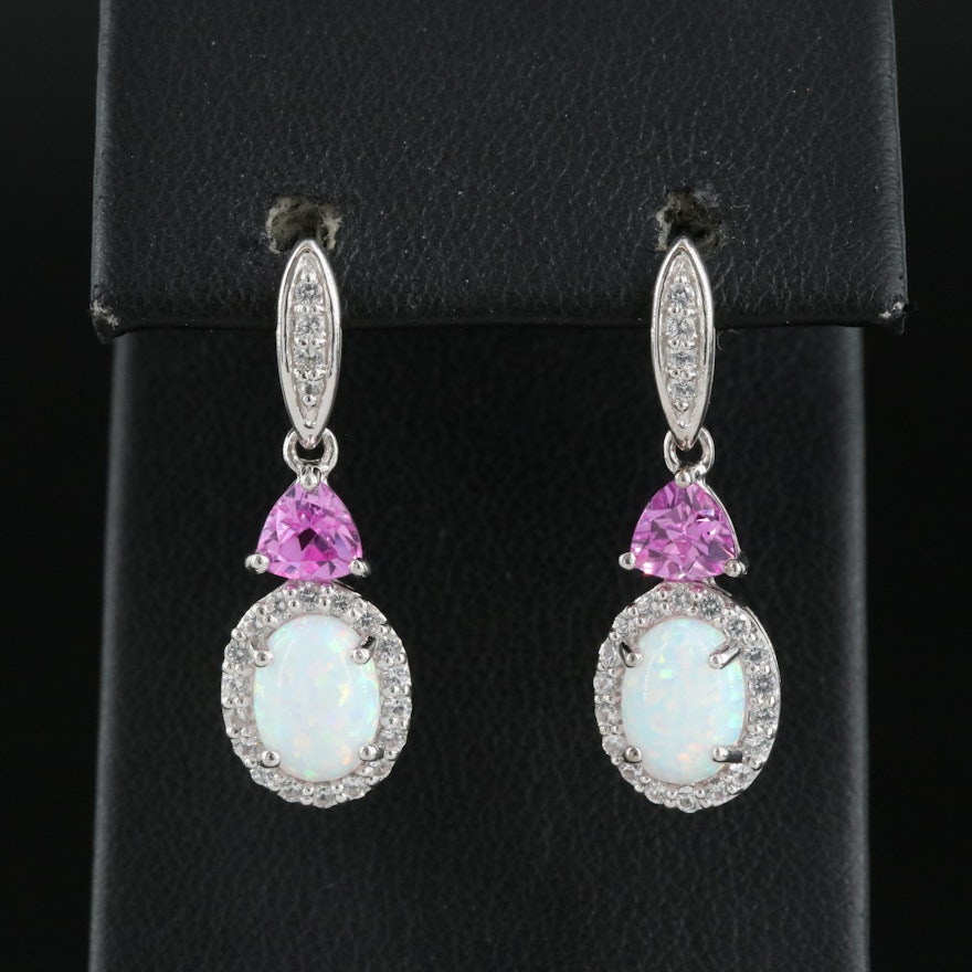 Sterling Lab Grown Opal, Lab Grown Pink Sapphire and White Sapphire Earrings