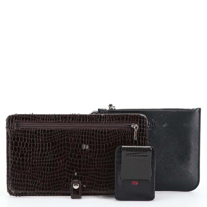 Karl Lagerfeld Zip Pouch, Croc-Embossed Pouch, and Z Clip Money/ID Case with Box