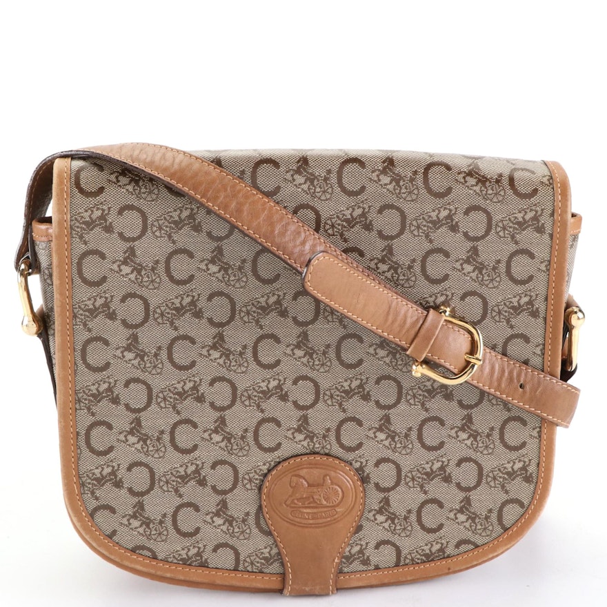 Céline Shoulder Bag in Carriage Monogram C Canvas and Brown Leather Trim