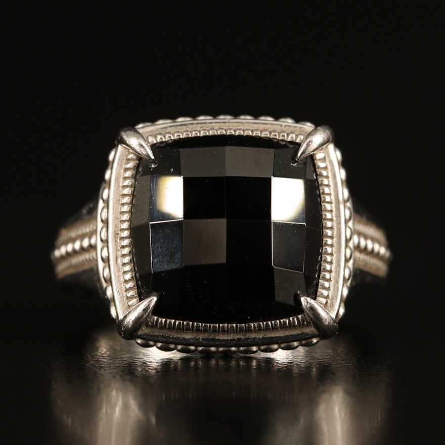 Sterling Black Onyx Ring with Millgrain and Bead Accents