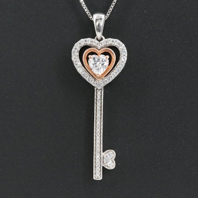 Sterling Sapphire Key Necklace with 10K Rose Gold Accent