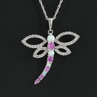 Sterling Opal and Lab Grown Sapphire Dragonfly Necklace