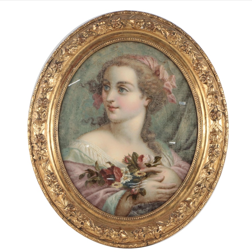 French School Oil Painting of Figure Holding Flowers, 18th or 19th Century