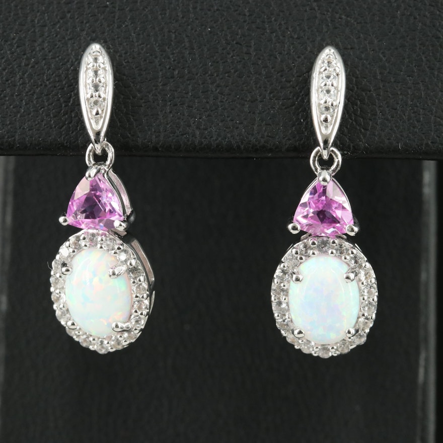 Sterling Opal, Pink and White Sapphire Earrings